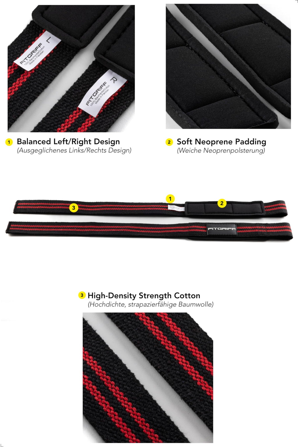 Fitgriff�� Lifting Wrist Straps for Weightlifting, Gym, Deadlift, Workout (Made of Premium Cotton & Padded) - Men & Women (Standard, Black/Red)