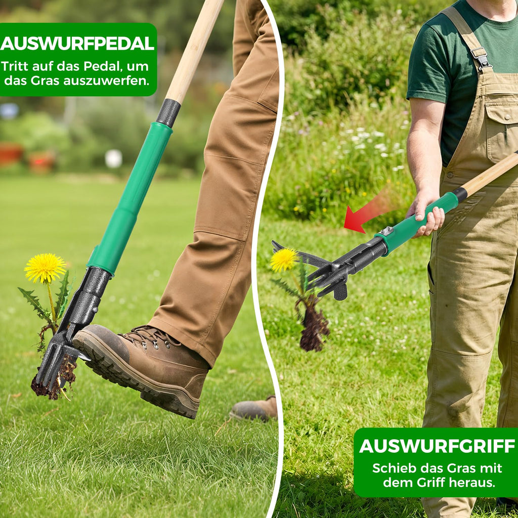 Allsetool Weed Puller Tool with 2 Weed Eject Feature, 43.7in Stand Up Dandelion Remover Tool, Real Bamboo Handle and Metal 4 Claw & Foot Pedal, Heavy Duty Garden Weeder