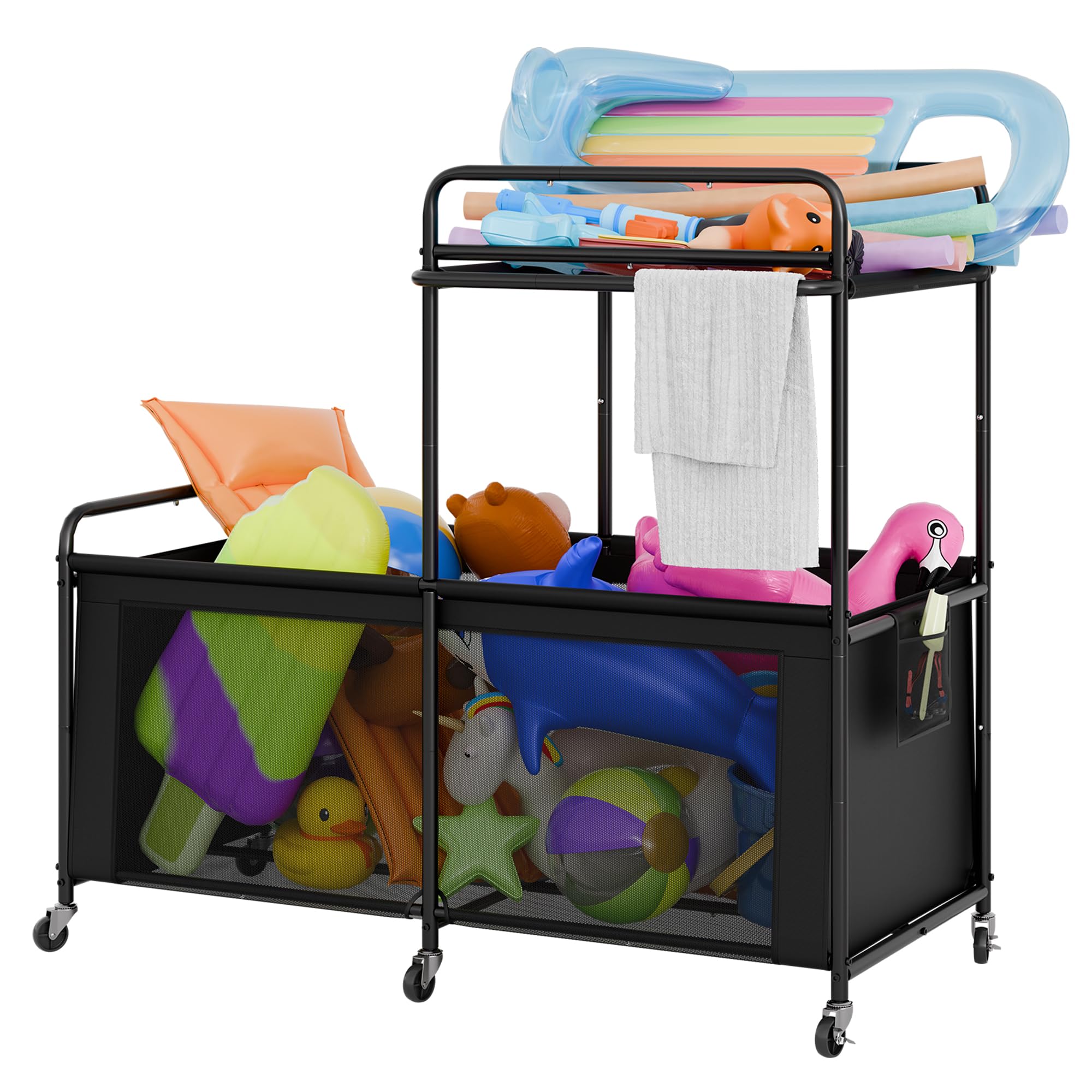 StorageWorks Pool Float Storage, 340 Gallon Rolling Pool Storage Bin, Two-Tier Mesh Swimming Pool Toy Storage, Pool Noodles Holder for Toys, Floats, Balls and Floats Equipment, Black