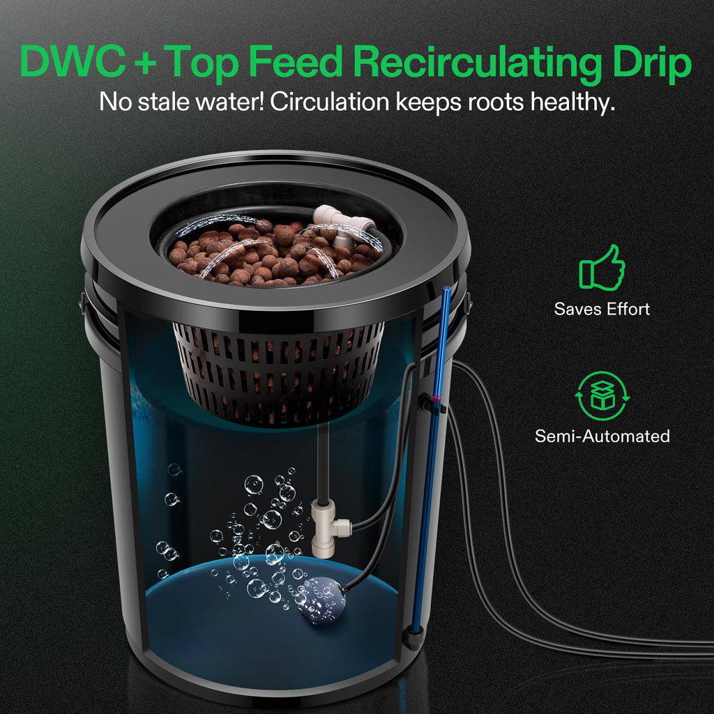 VIVOSUN DWC Hydroponics Grow System with Top Drip Kit, 5-Gallon Deep Water Culture, Recirculating Drip Garden System with Multi-Purpose Air Hose, Air Pump, and Air Stone (1 Bucket + Top Drip Kit)