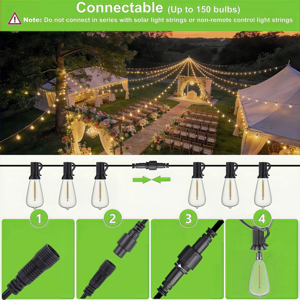 LaPitio 100FT Remote Outdoor String Lights for Outside, 50+2 LED Waterproof Shatterproof Edison Dimmable Timer Bulbs, 2500K Warm White Patio Lights for Garden Backyard Yard Hanging Lighting