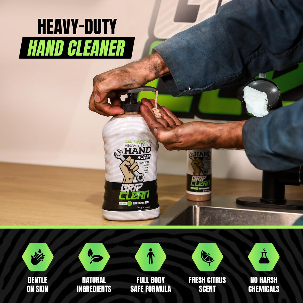 Grip Clean Heavy Duty Hand Cleaner for Mechanics – Natural Pumice & Clay-Infused Technology Removes Grease, Oil & Grime – Moisturizing Liquid Hand Soap for Shop, Garage & Industrial Use – 32oz