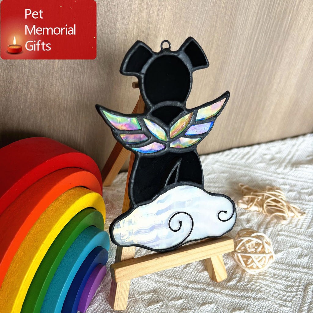 Lcensp Stained Glass Angel Wings Dog Memorial Gifts for Loss of Dog Sympathy Bereavement Gift Suncatcher, Rainbow Bridge Pet Passing Away Remembrance in Memory, Black