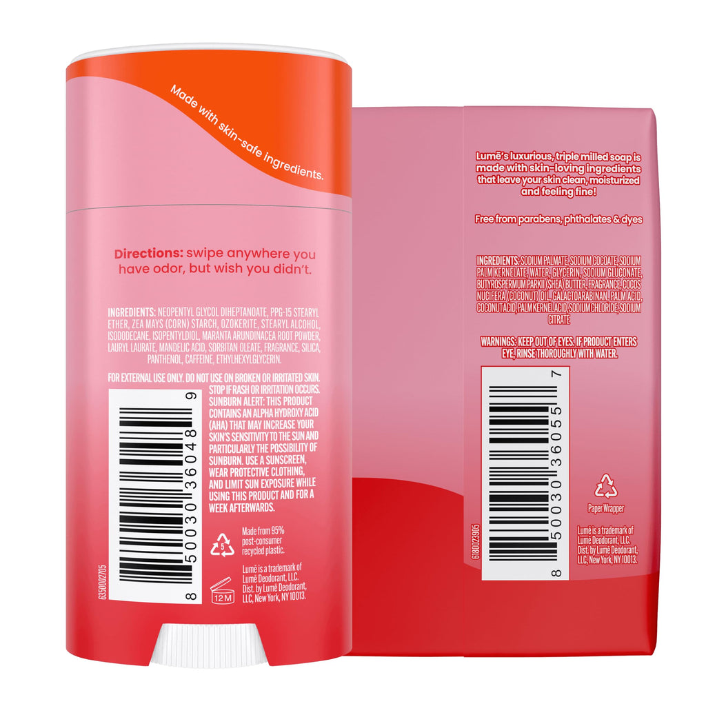Lume Whole Body Deodorant And Soap - 2.6 Ounce Smooth Solid Stick With 72 Hour Odor Control and 5 Ounce Triple Milled Soap - Aluminum Free, Baking Soda Free and Skin Loving (Peony Rose)