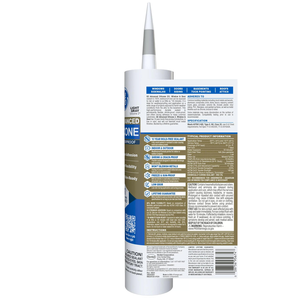 GE Advanced Silicone Caulk for Window & Door, Light Gray, 10.1 fl oz Cartridge, 12 Pack
