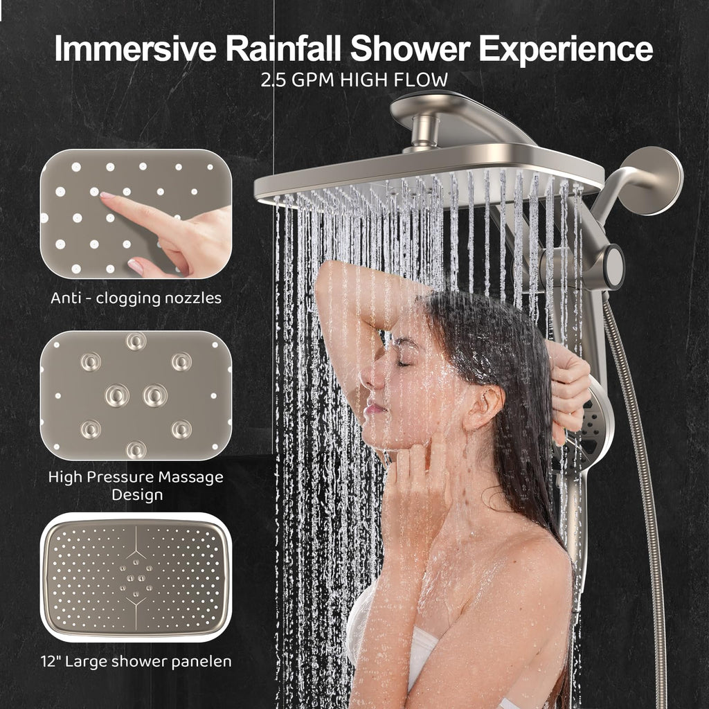 Rain Shower Head with Handheld High Pressure rainfall Shower Heads with Handheld Spray Combo Adjustable one-piece stand daul shower head Built-in Magnetic Docking and Power Jets-Nickel