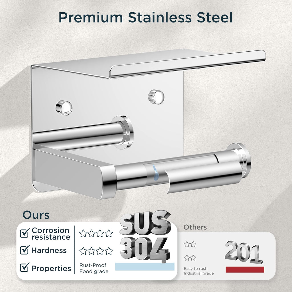 Toilet Paper Holder with Shelf, Adhesive or Screw Wall Mount Toilet Paper Roll Holder for Bathroom, Rustproof 304 Stainless Steel Toilet Roll Tissue Holder Dispenser with Phone Shelf (2, Chrome)