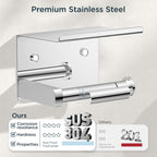 Toilet Paper Holder with Shelf, Adhesive or Screw Wall Mount Toilet Paper Roll Holder for Bathroom, Rustproof 304 Stainless Steel Toilet Roll Tissue Holder Dispenser with Phone Shelf (2, Chrome)
