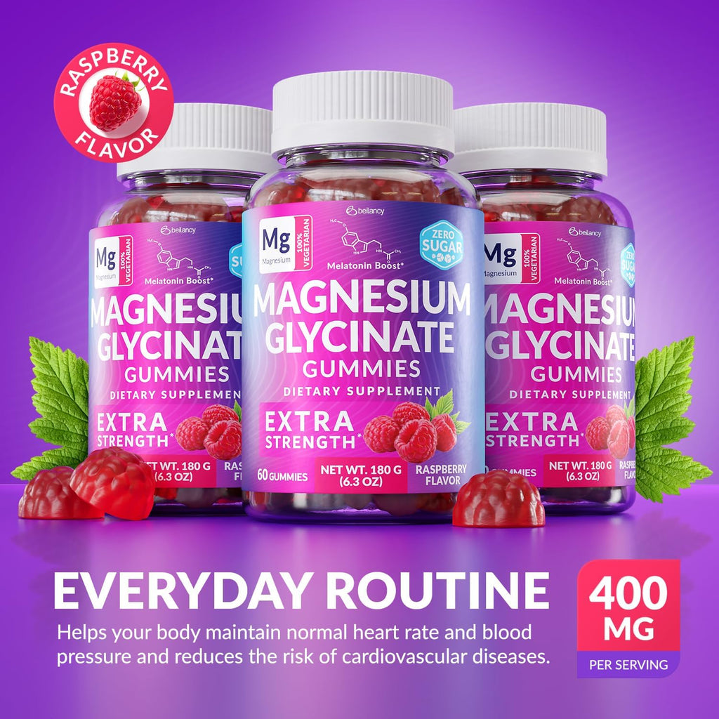 Magnesium Glycinate Gummies 400mg, Muscle Support and Relaxation, Magnesium Supplement for Women, Men and Kids, High Absorption, Sugar Free, Vegan, 60 Days Supply, Raspberry Flavor