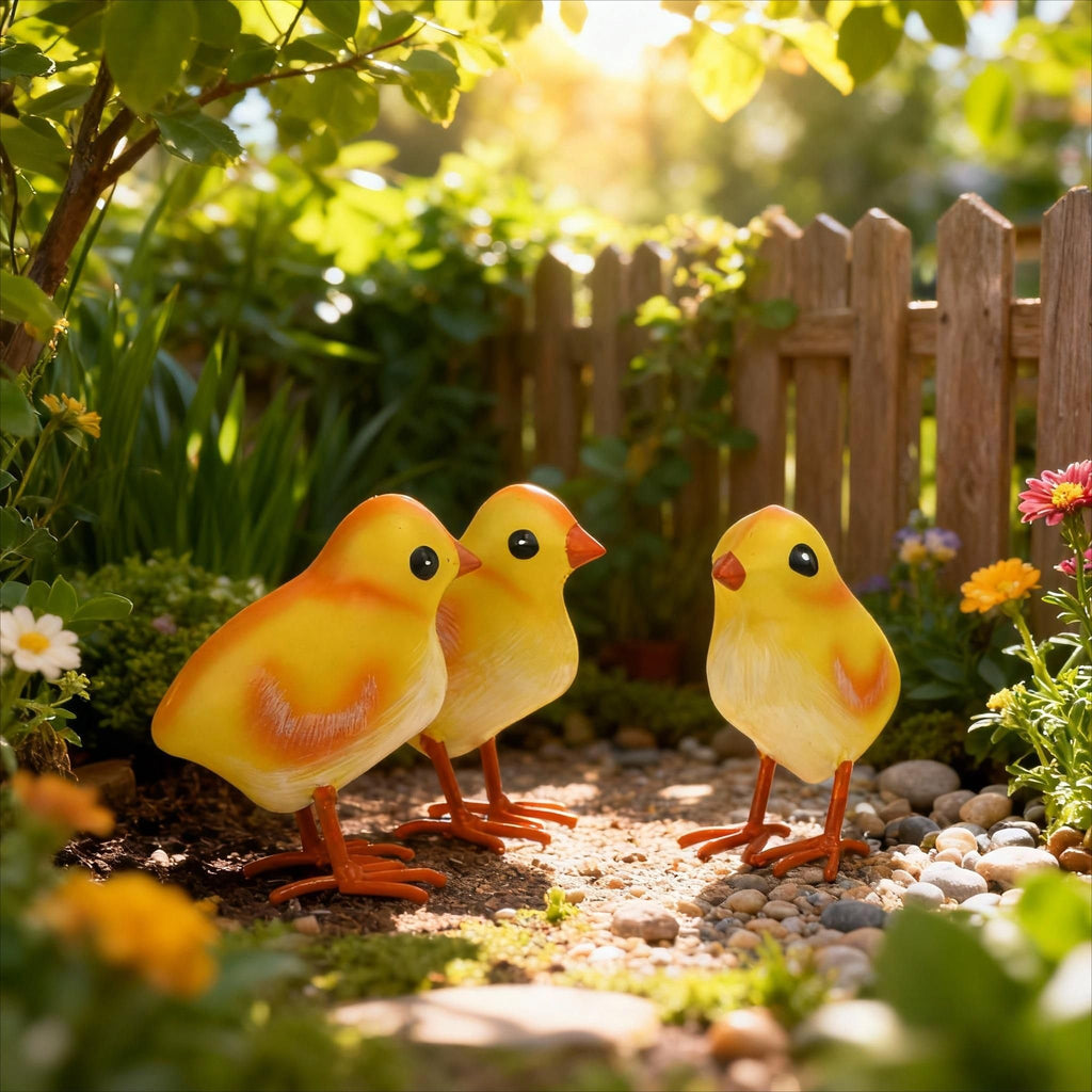 Metal Chicken Statue Garden Decor Life-size Baby Rooster Yard Gift Set of 3