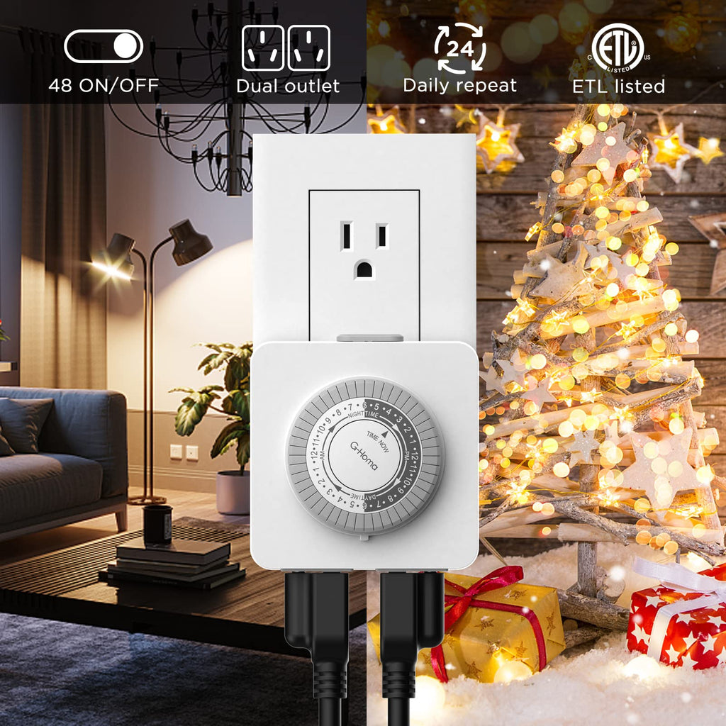 G-Homa Timer Outlet Electric Indoor with 2 Grounded Outlet,Plug-in 24-Hour Mechanical Timers,Daily On/Off Cycle,Energy Saving for Lamps, Seasonal, Christmas Lights and Holiday Decorations (2 Pack)
