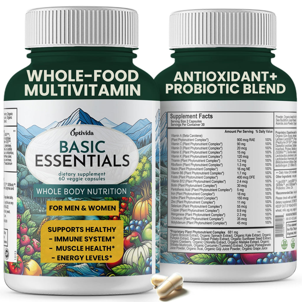 OPTIVIDA Organic Whole Food Multivitamin for Men & Women (1 Month Supply) with Probiotics & Antioxidant Blends | Daily Plant Based Multivitamins | Non-GMO, Whole Food Womens Multivitamin