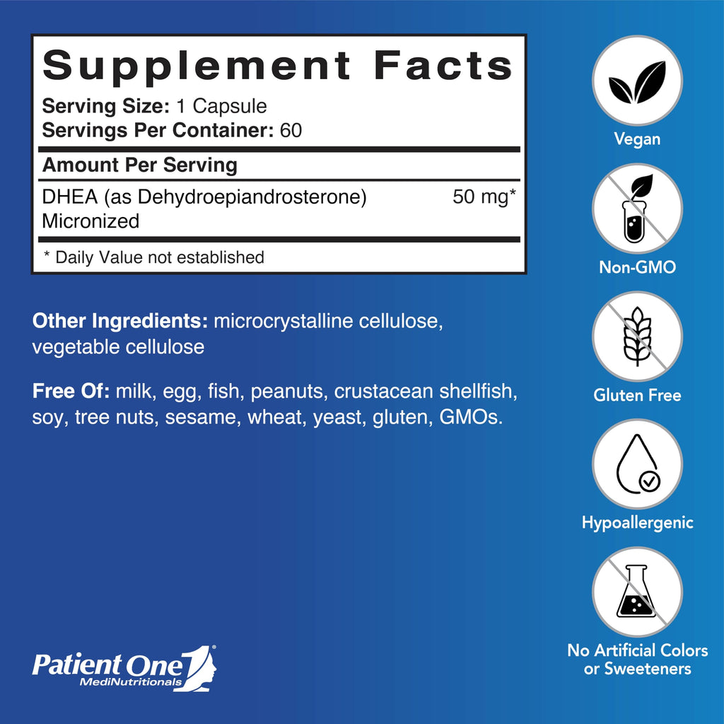 Patient One DHEA 50 mg | Supplement to Support Positive Mood, Energy Levels, and Endocrine Health* | Micronized for Enhanced Absorption | 60 Capsules
