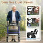 Soundfuse Rollator Walkers with Seat for Seniors, Foldable 8" Big Wheels All Terrain Rolling Walker, Handles and Ergonomic Seat Height Adjustable, 350 lb
