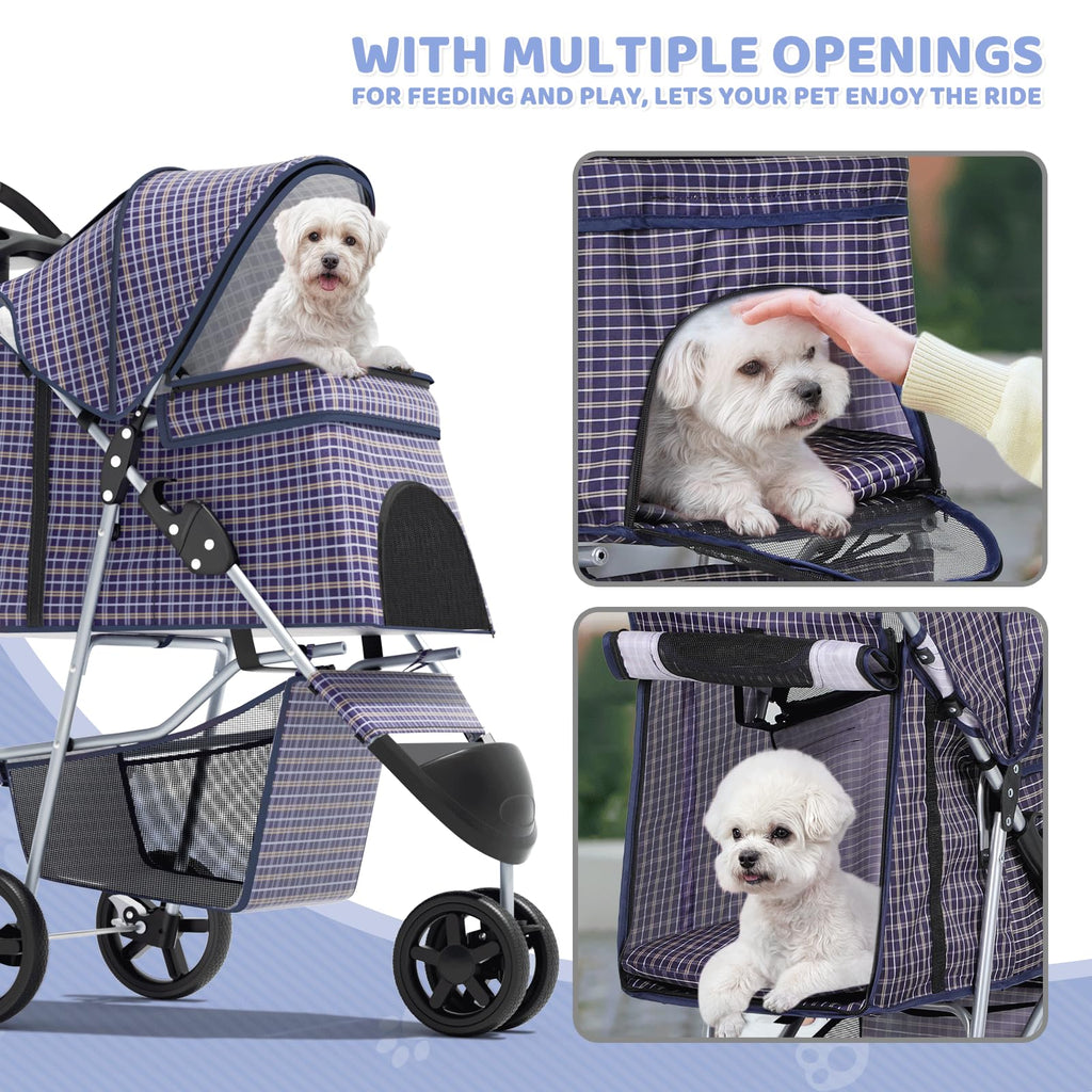 Magshion 3-Wheel Pet Stroller, Foldable Travel Jogger for Small & Medium Dogs & Cats (Up to 33lbs), Lightweight Carrier with Breathable Mesh Cover, Cup Holder & Storage Basket, Plaid