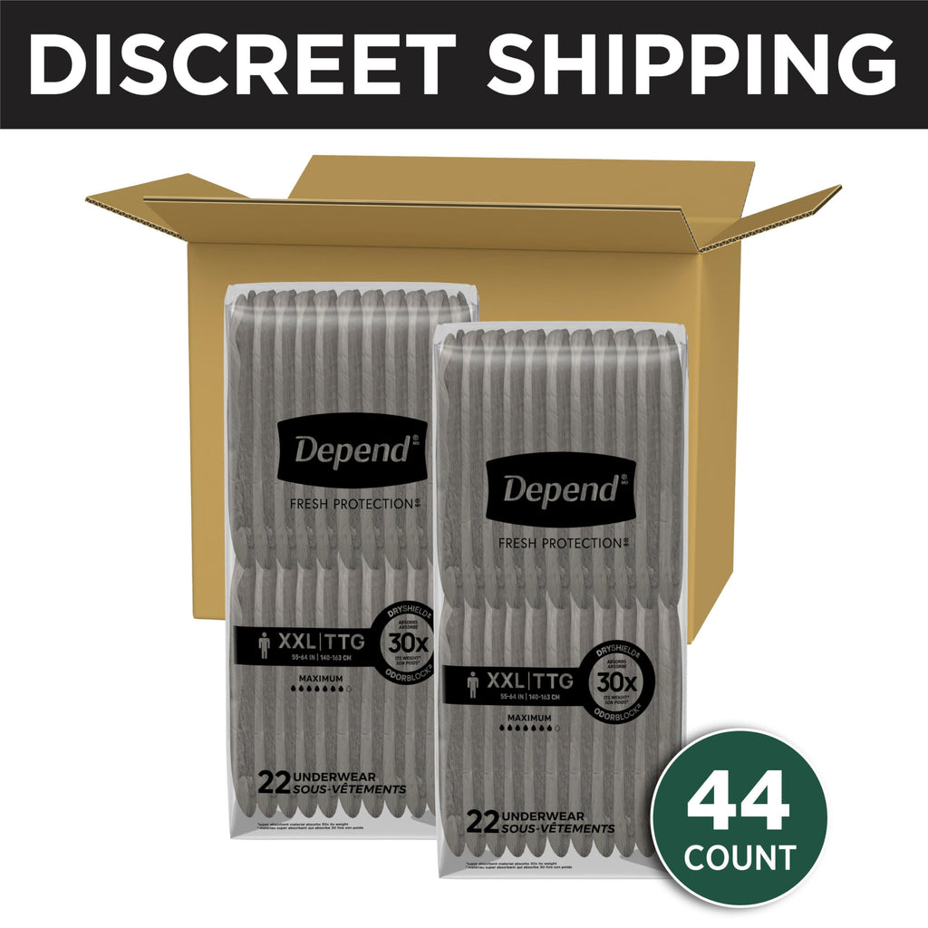 Depend Fresh Protection Adult Diapers, Incontinence Underwear for Men, Disposable, Maximum, Extra-Extra-Large, Grey, 44 Count (2 Packs of 22), Packaging May Vary