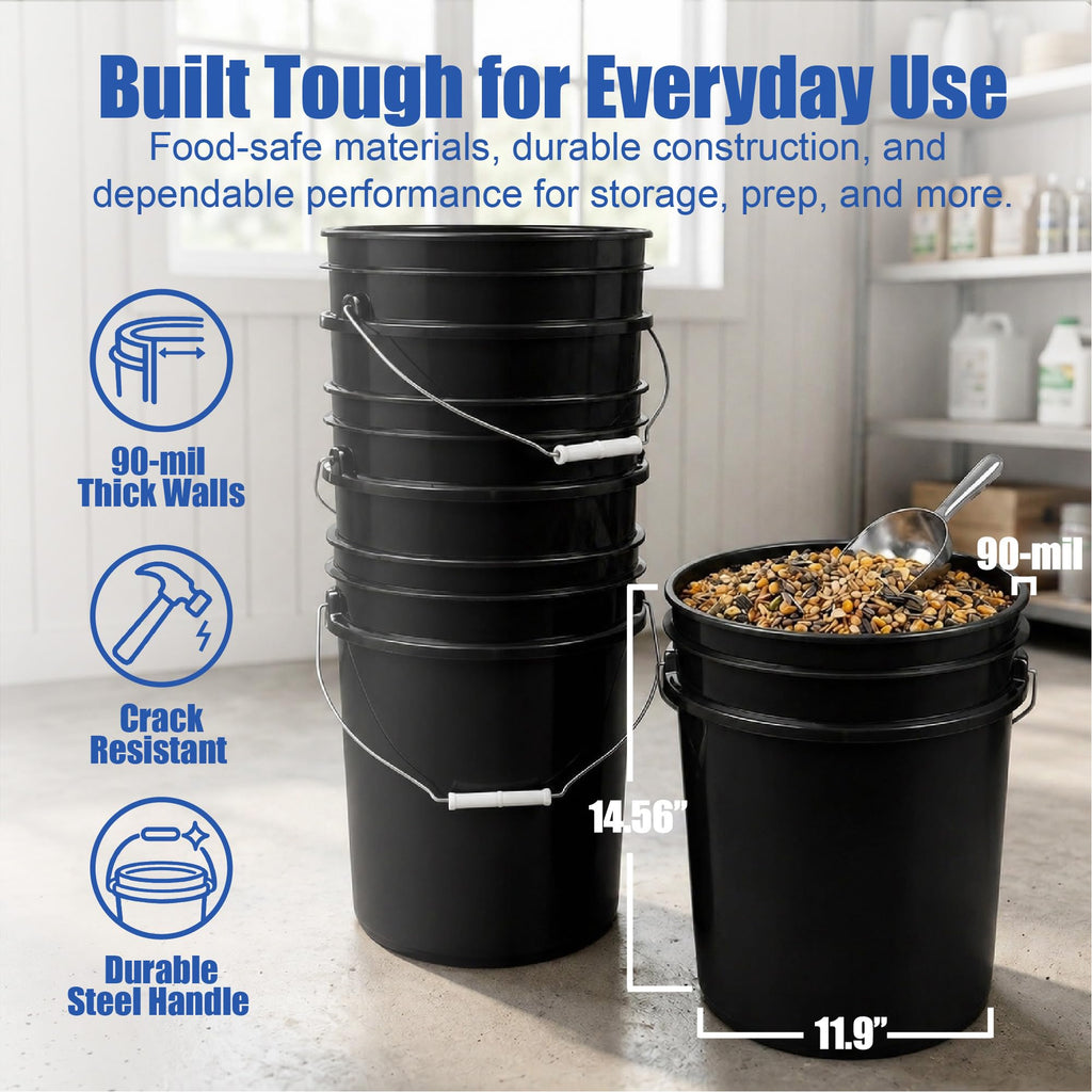 ePackageSupply 5 Gallon Bucket - Food Grade Bucket, Metal Handle Grip, BPA-Free, Heavy-Duty 90 Mil HDPE Plastic Pail, Stackable Utility Container, Made in USA, Lid Not Included, Black, 3 Packs