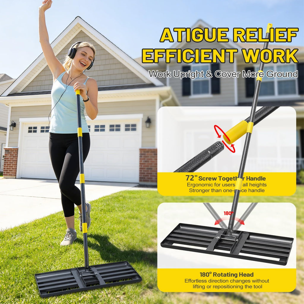 Lawn Leveling Rake,30x10 Inch Ground Plate,72 Inch Adjustable Long Handle Yard Level Tool with Curved Edge,Heavy Duty Large Landscaping Lawn Leveler for Grass, Golf Field, Soil Sand Dirt Spreader