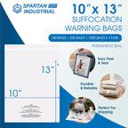 Spartan Industrial - 10” X 13” (200 Count) Self Seal Clear Poly Bags with Suffocation Warning for Packaging, T Shirts - Permanent Adhesive