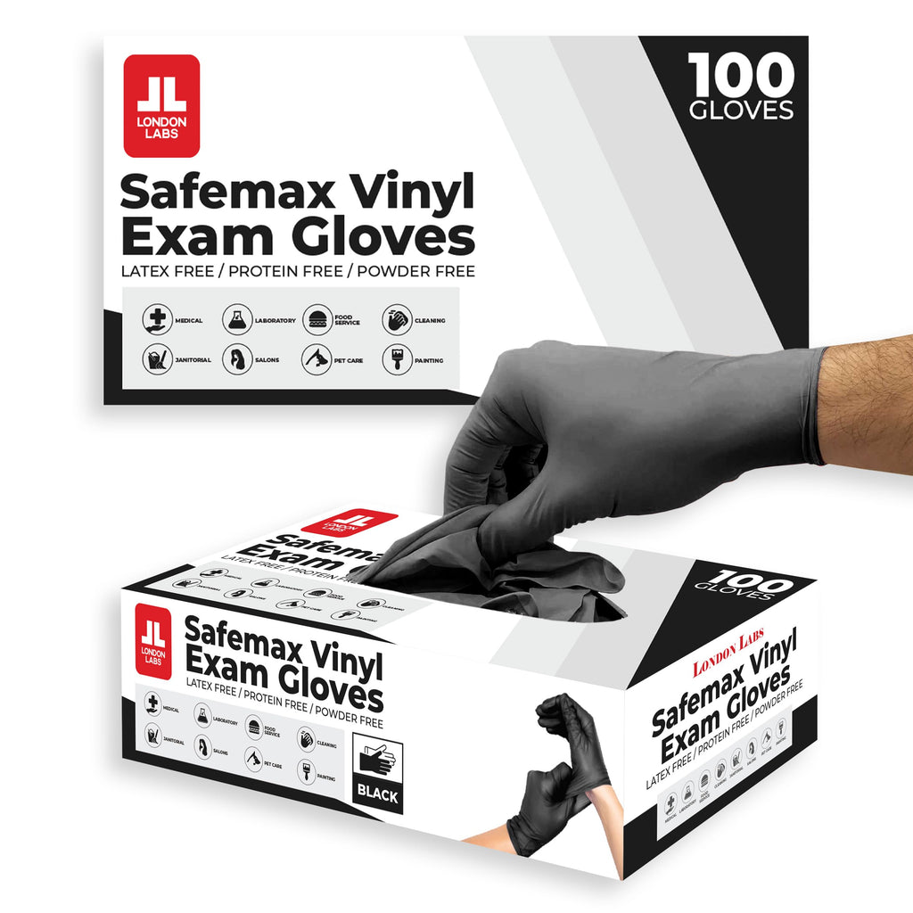 London Labs Black Synthetic Vinyl Exam Gloves Powder Free and Latex Free (Medium, 200 Count)