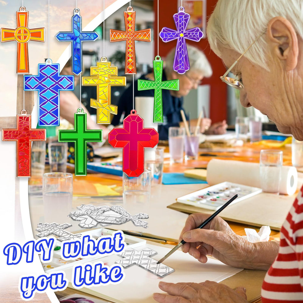 Wonderjune 60 Sets Ramadan Suncatcher Decorations Window Eid Christian Cross Suncatcher Ornaments Paint DIY Religious Art Suncatchers Crafts Kit for Jesus Sunday Activities Project Party