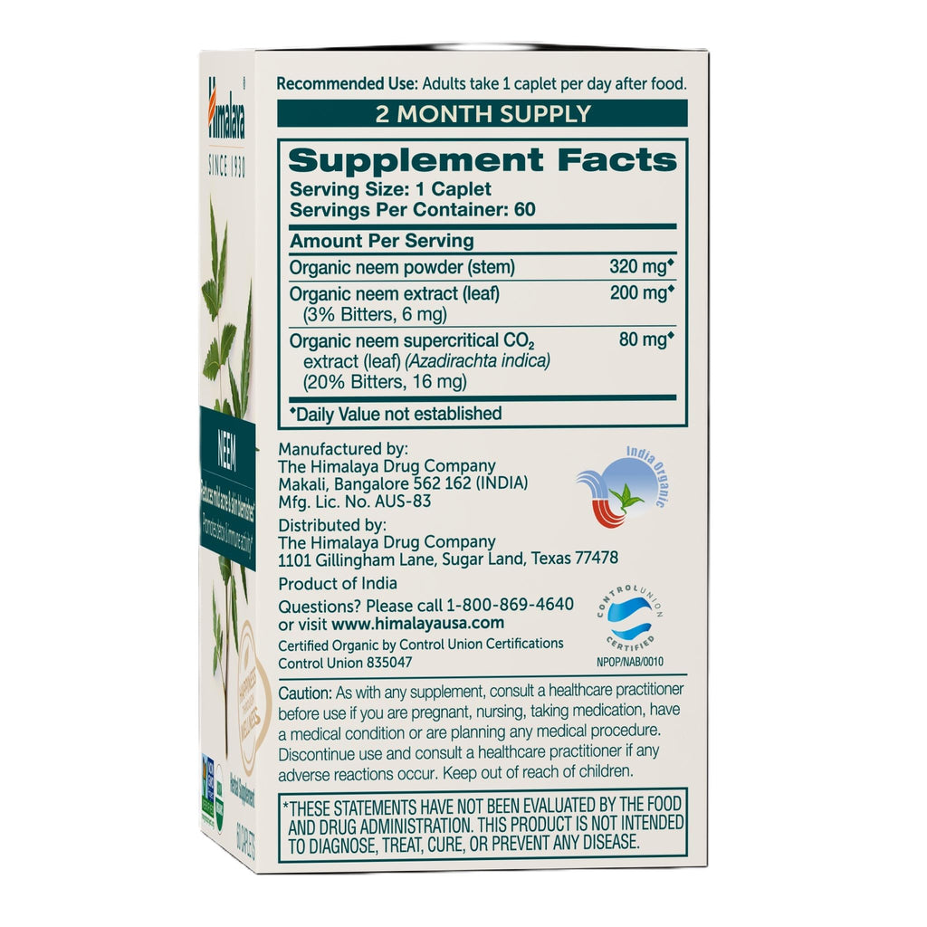 Himalaya Organic Neem, 60 Day Supply - Herbal Acne Supplements Supporting Clear Skin and Detox - USDA Organic, Vegan, Non-GMO, Gluten Free, 600 mg, 60 Caplets