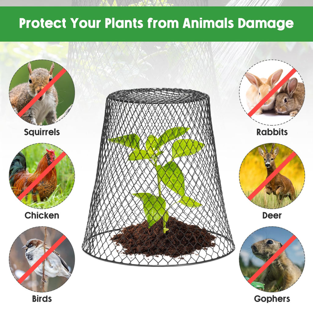 Geosar 10 Pcs 9 inch Chicken Wire Cloche Plant Protector Cover Metal Garden Cloche Dome for Plants Chicken Wire Protection Basket with Garden Stakes for Avoiding Rabbit Bird Small Animals Eat (Black)