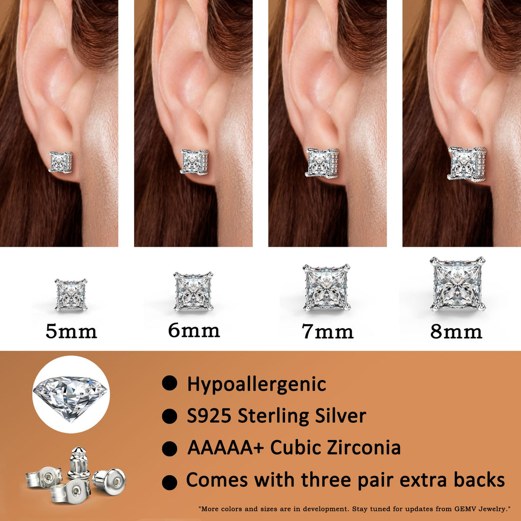 18K White Gold Plated Sterling Silver Pave Square Cubic Zirconia Stud Earrings 4 Prong Princess Cut CZ Simulated Diamond Stud Earrings for Men Women Hypoallergenic (White Gold, 8mm)