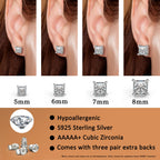 18K White Gold Plated Sterling Silver Pave Square Cubic Zirconia Stud Earrings 4 Prong Princess Cut CZ Simulated Diamond Stud Earrings for Men Women Hypoallergenic (White Gold, 8mm)