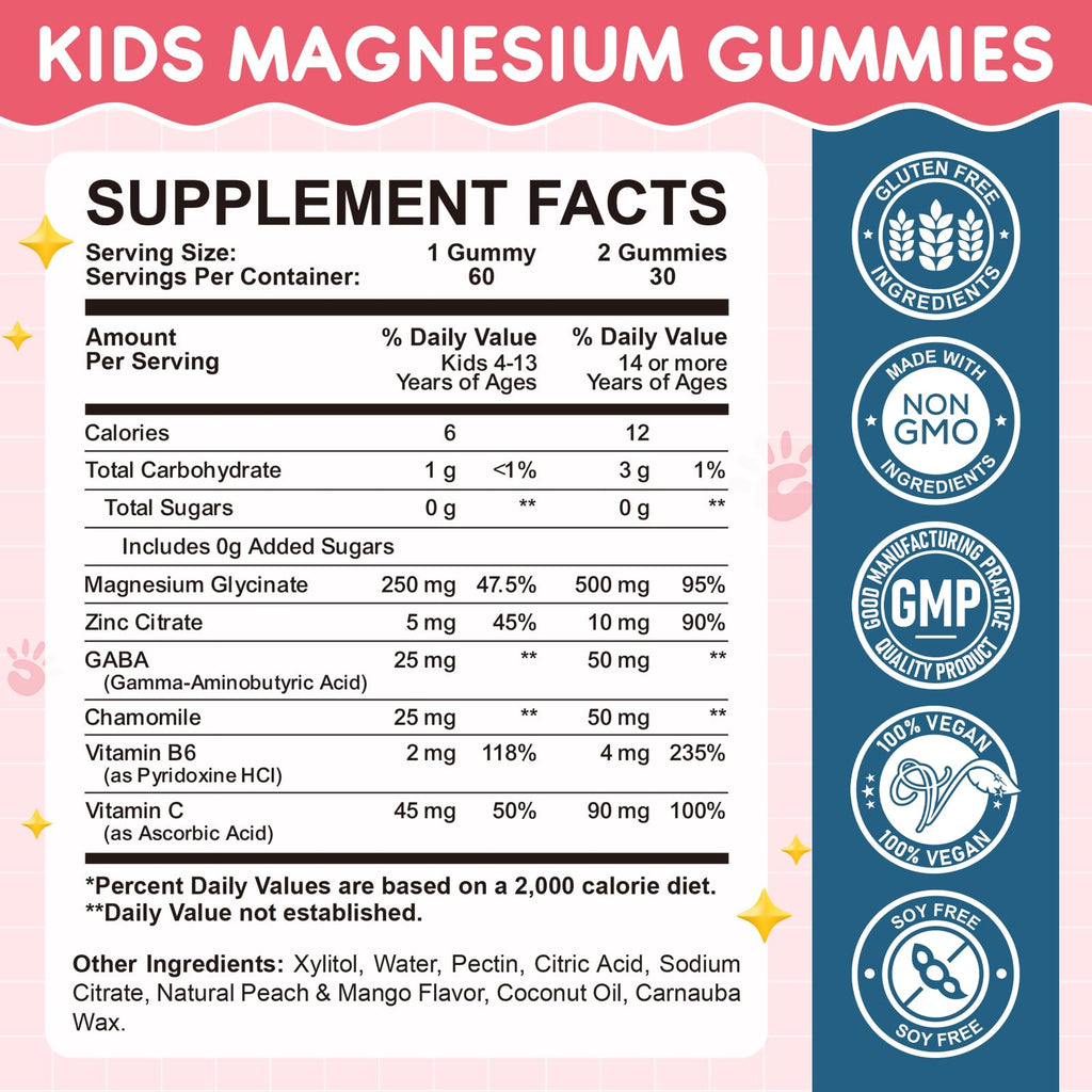 Magnesium Glycinate Gummies for Kids: Calm Magnesium Supplement for Kids & Adults with Zinc Citrate, GABA, Chamomile, Vitamin B6 & C - Sleep, Relaxation & Focus, Juicy Peach & Mango Flavor 60 Count