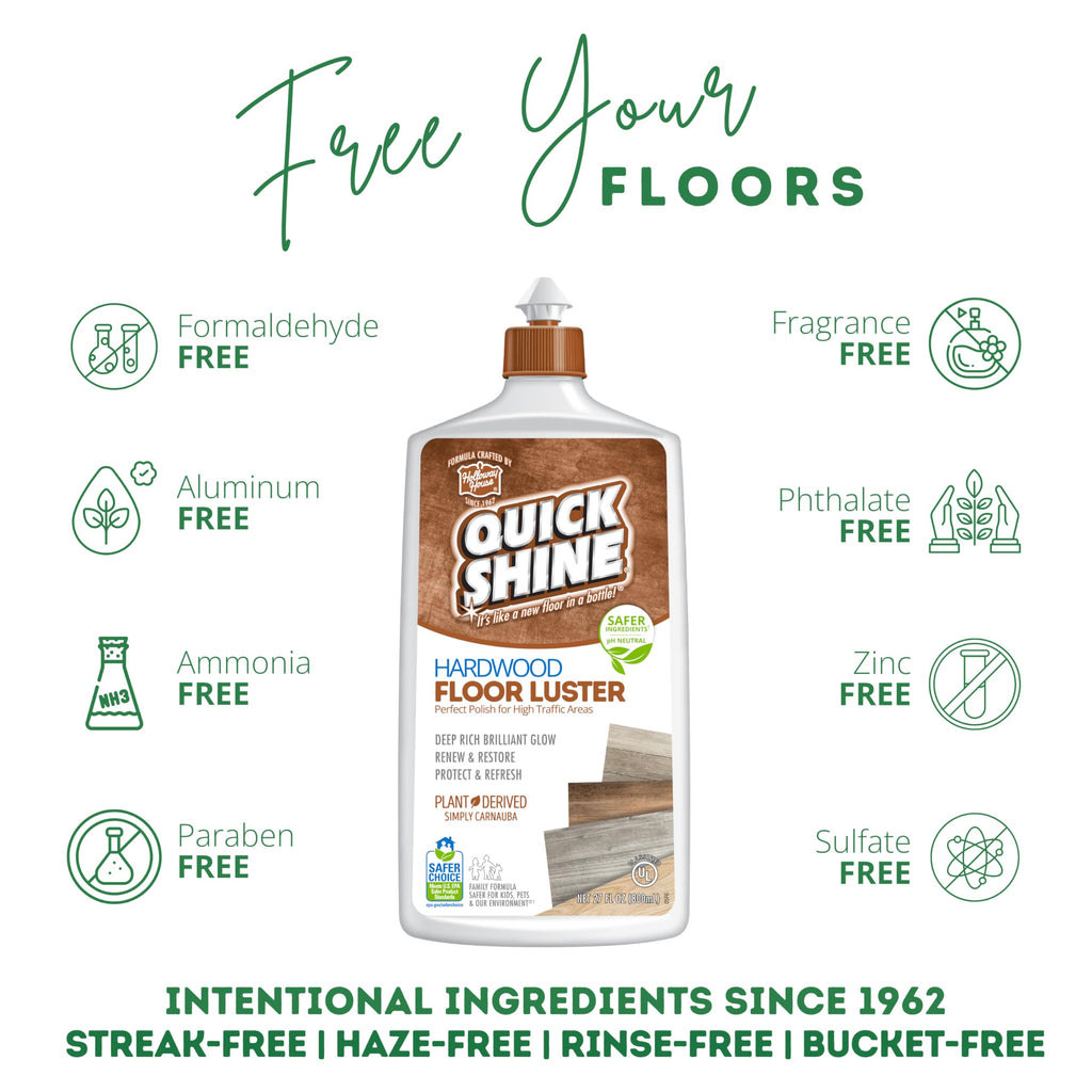 Quick Shine Hardwood Floor Cleaner & Wood Floor Polish w/Plant-Derived Carnauba 27oz Bottles,Removes Scratches,Safer Choice,A Clean That Can Be Seen,(Pack of 4)