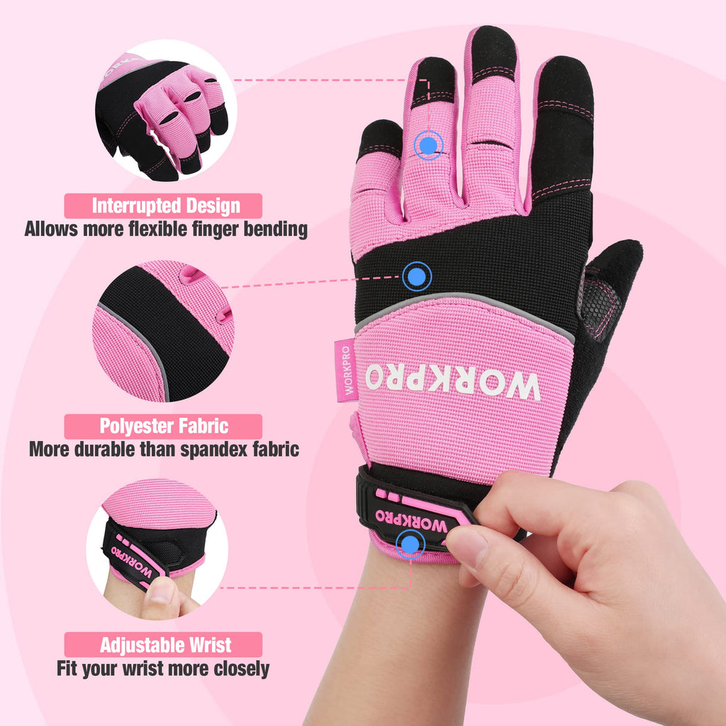 WORKPRO Safety Work Gloves, Pink Working Gloves for Women Men, Touch Screen, Terry Fabric, Non-Slip (Medium, Pink Ribbon)