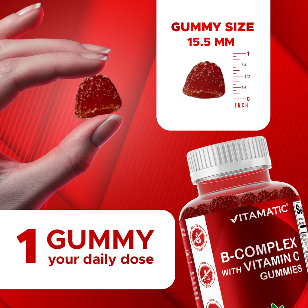Vitamatic Vitamin B Complex Gummies with Vitamin C & Inositol - Natural Strawberry Flavor - 60 Gummies (3 Bottles)