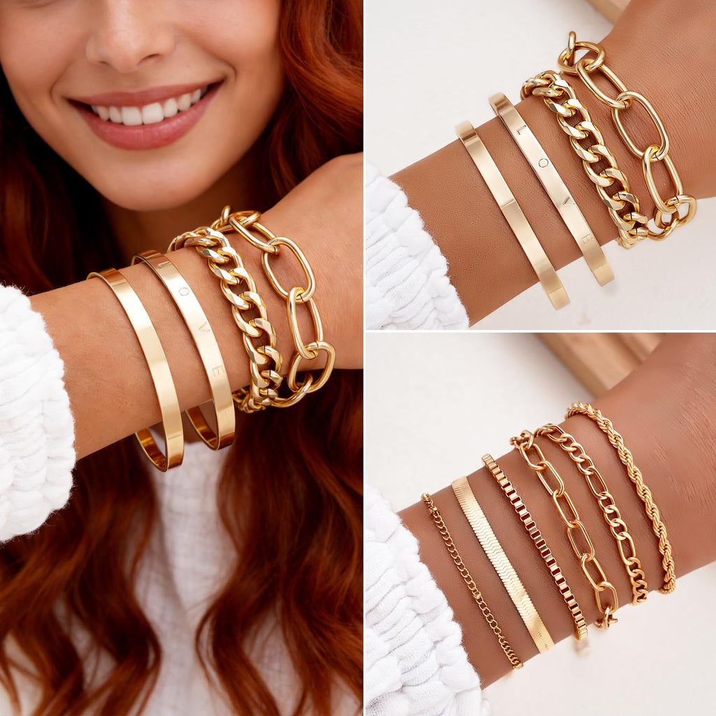 FAXHION 68 Pcs Gold Jewelry Set for Women with 7 Necklace, 17 Bracelet, 5 Hoop Earrings, 15 Stud Earrings, 24 Knuckle Rings for Women Jewelry Set for Women Gift