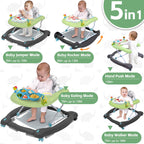 Pawtong Foldable Baby 5-in-1 Activity Walker - Rocker, Activity Center, Bouncer, Seat Walker, Push Walker - Adjustable Speed Rear Wheels and Height Toys Ages 6-18 Months… (Green)