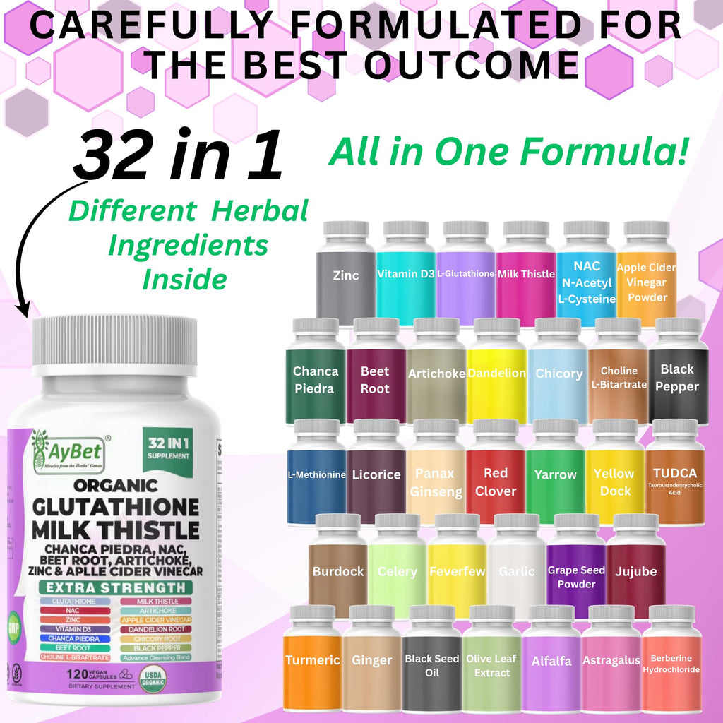 Glutathione NAC Milk Thistle Supplement | Liver Health Support | 32-in-1 Herbal Antioxidant Formula with Chanca Piedra, Turmeric, Dandelion Root, Beet Root & Zinc | Halal Vegan Organic Daily Wellness