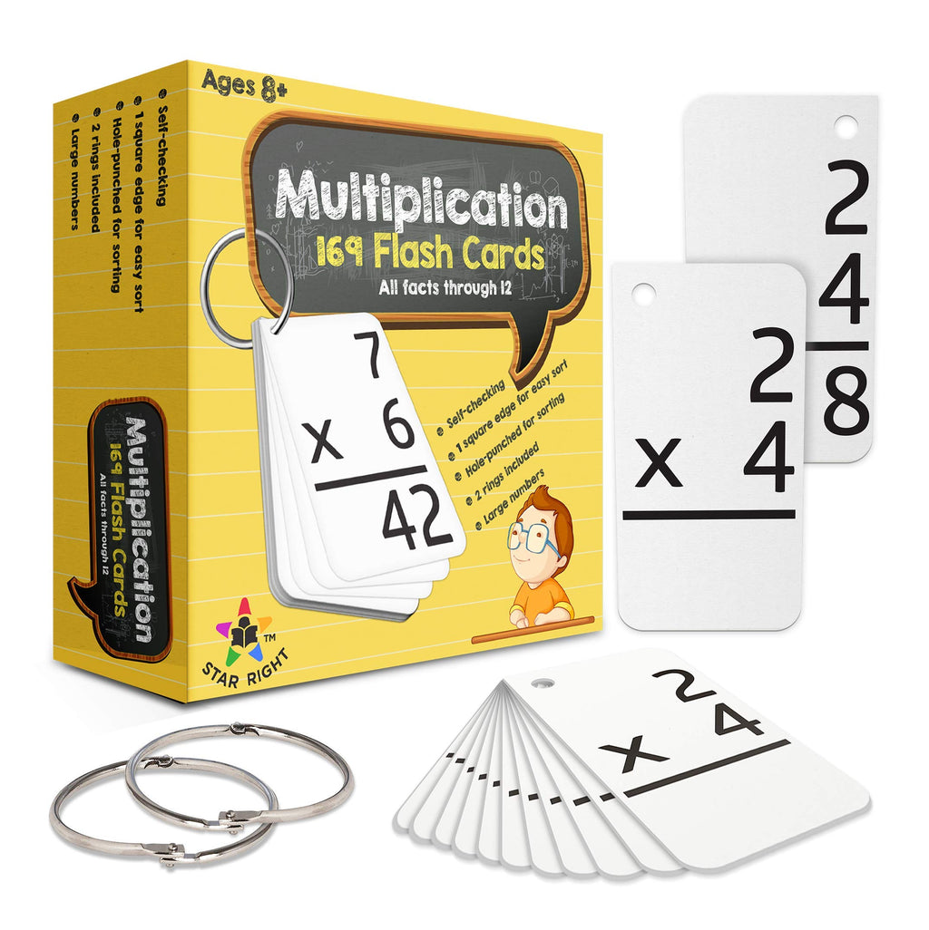 Star Right Multiplication Flash Cards - 169 Hole-Punched Math Study Multiplication Cards with 2 Binder Rings - Times Tables Practice Set for Kids Ages 8 and Up at Home or School
