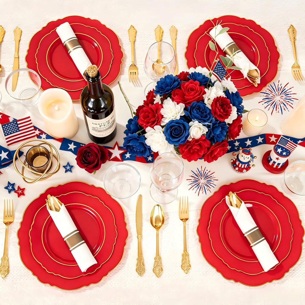 Liacere 350PCS Red Plastic Plates - Red Disposable Plates With Gold Rim - 50Guest Baroque Plastic Dinnerware include 100Plates-50Pack Pre Rolled Napkins with Silverware 50Cups for Independence Day