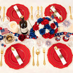 Liacere 350PCS Red Plastic Plates - Red Disposable Plates With Gold Rim - 50Guest Baroque Plastic Dinnerware include 100Plates-50Pack Pre Rolled Napkins with Silverware 50Cups for Independence Day