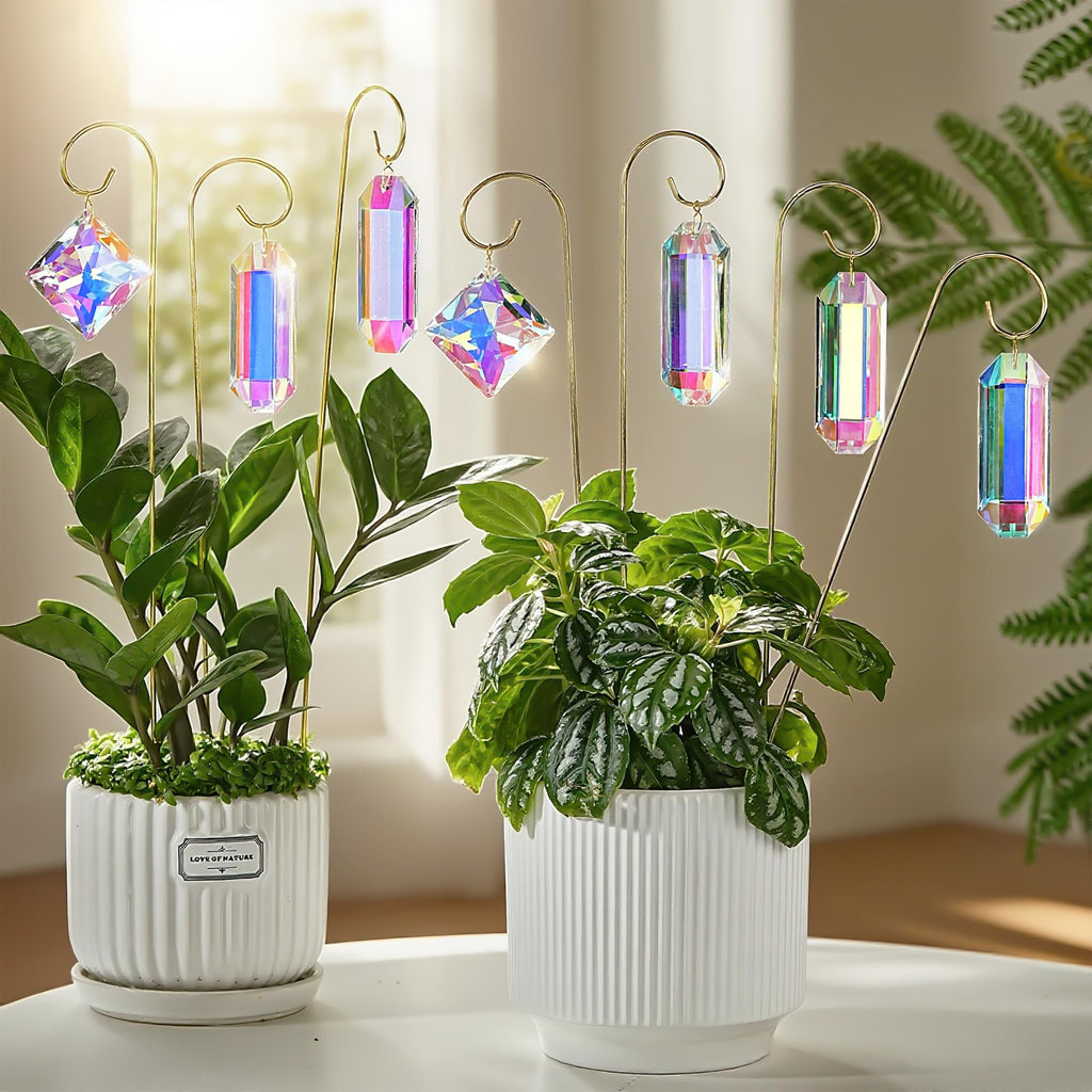 7 Pcs AB Colored Crystal Suncatcher Small Trellis Golden Plant Potted Stake