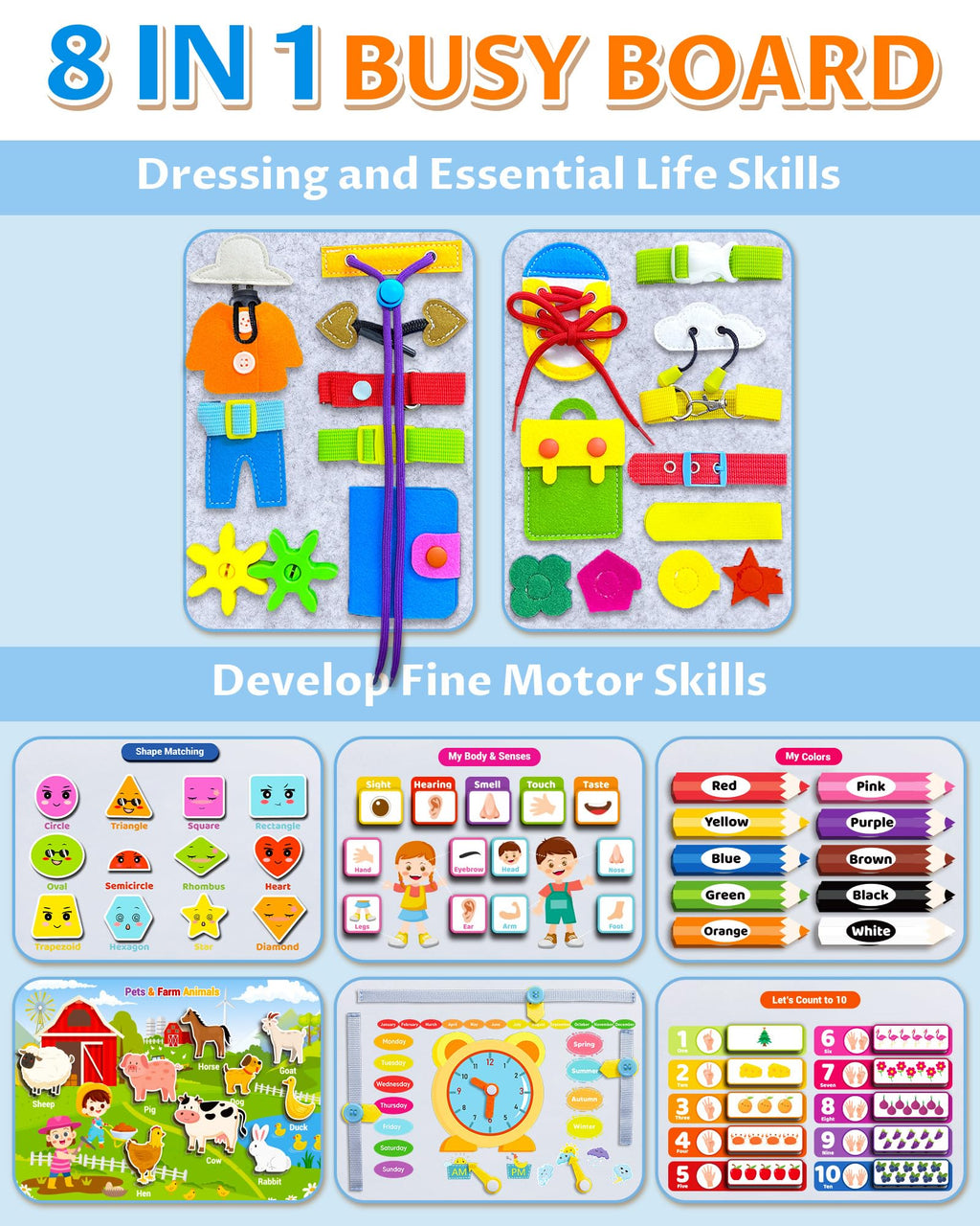 Board Toys for Toddler Boy & Girl Birthday Gifts, Busy Book Learning Sensory Toys for Toddlers, Toddler Travel Toy Educational Activities Learn Fine Motor Skills
