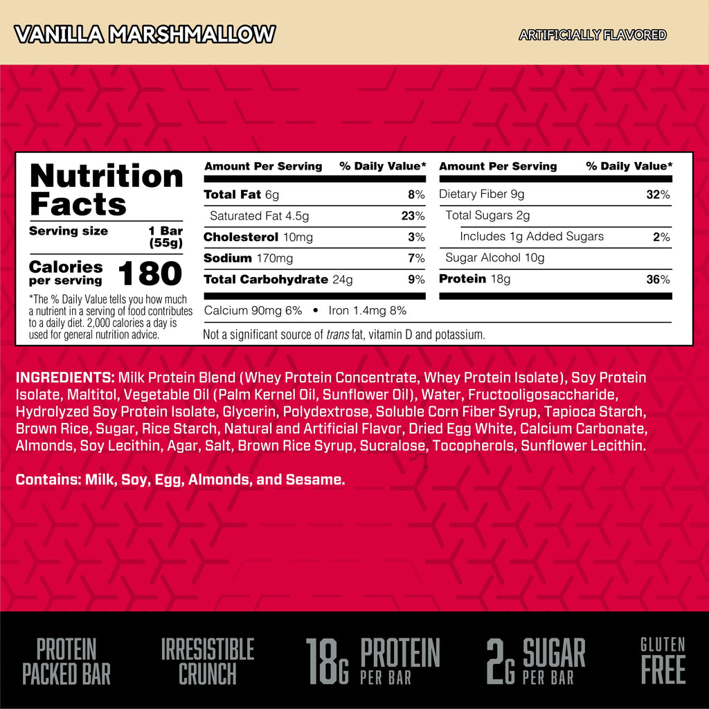 BSN Protein Crisp Bar, Vanilla Marshmallow, 18 Gram Protein Snack Bars with Whey and Fiber, Gluten-Free Crunchy Energy Bars for Workout, Fitness, On-the-Go, 12 Count