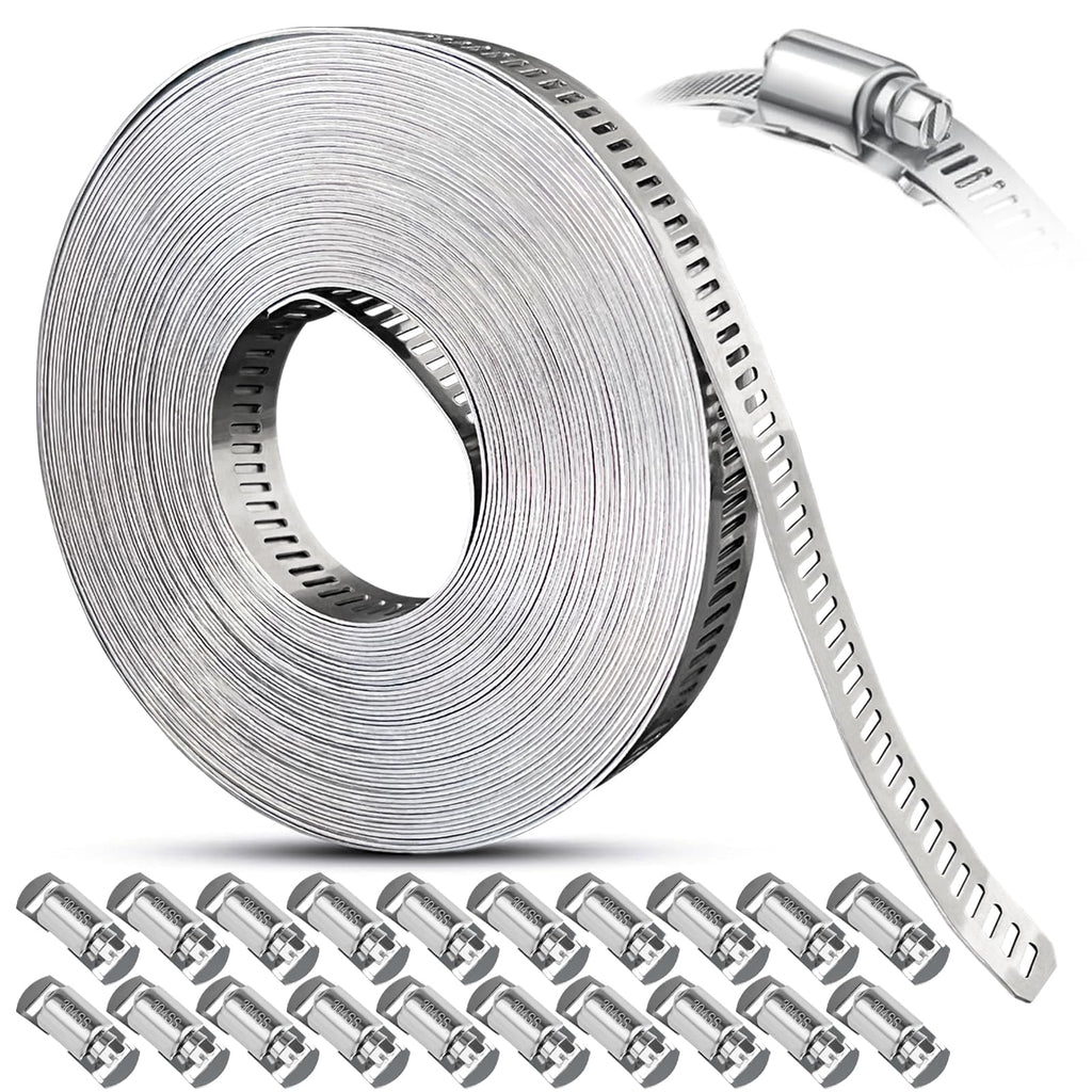 Hose Clamps Stainless Steel, Large Worm Gear Duct Pipe Hose Clamp Assortment Kit, Band Fittings Strap, 32.81FT Adjustable Metal Bolt with 20 Stronger Fasteners Screw for Plumbing Auto Tube Fuel Line