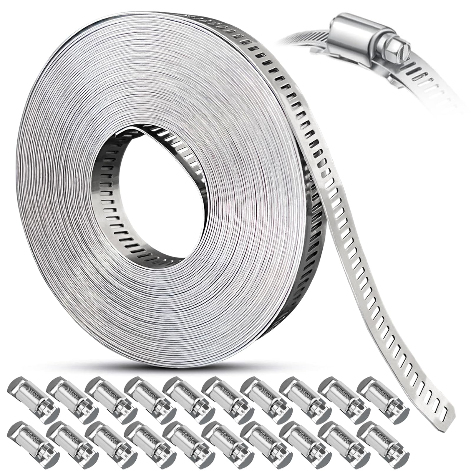 Hose Clamps Stainless Steel, Large Worm Gear Duct Pipe Hose Clamp Assortment Kit, Band Fittings Strap, 32.81FT Adjustable Metal Bolt with 20 Stronger Fasteners Screw for Plumbing Auto Tube Fuel Line