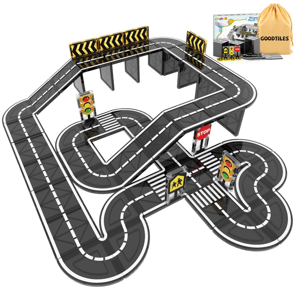 Goodtiles Magnetic Tiles Road Expansion Set, STEM Magnetic Building Blocks for Kids Ages 3-5 4-8 5-7, Preschool Learning Sensory Kids Toys for Toddler Birthday