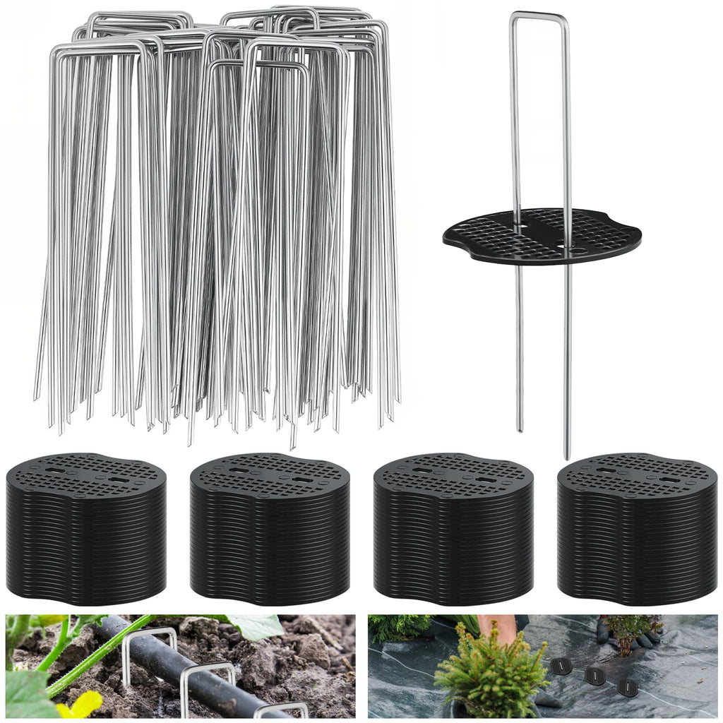 200PCS Garden Stakes Staples 6 inch Landscape Fabric Pins Lawn 100Pcs U Shaped Galvanized Staples Ground Stakes Landscaping Pins with 100Pcs Gasket for Weed Barrier Plant Cover Decorations