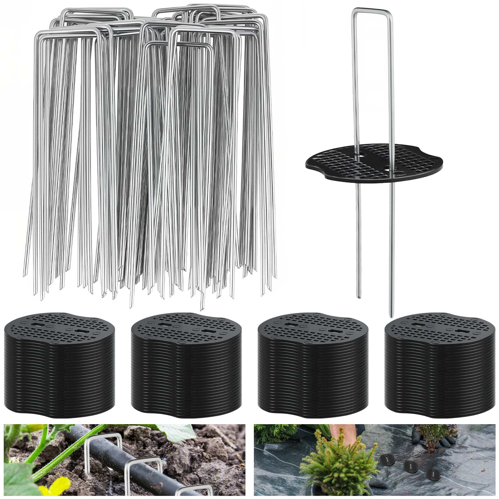 200PCS Garden Stakes Staples 6 inch Landscape Fabric Pins Lawn 100Pcs U Shaped Galvanized Staples Ground Stakes Landscaping Pins with 100Pcs Gasket for Weed Barrier Plant Cover Decorations