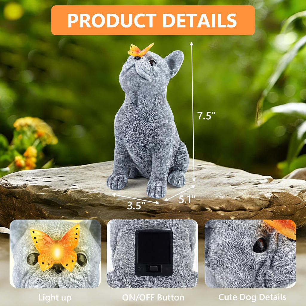 CIYSHO Dog Statue with Solar Butterfly, Cute French Bulldog Garden Statue