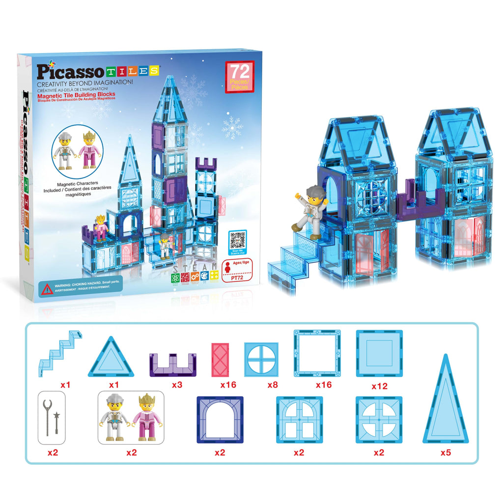 PicasssoTiles 72 Piece Magnetic Building Tiles Castle Winter Ice Theme Construction Magnet Block Set with Princess Prince Character Stairs Windows Doors STEM Learning Educational Toy Kids Ages 3+ PT72