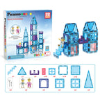 PicasssoTiles 72 Piece Magnetic Building Tiles Castle Winter Ice Theme Construction Magnet Block Set with Princess Prince Character Stairs Windows Doors STEM Learning Educational Toy Kids Ages 3+ PT72